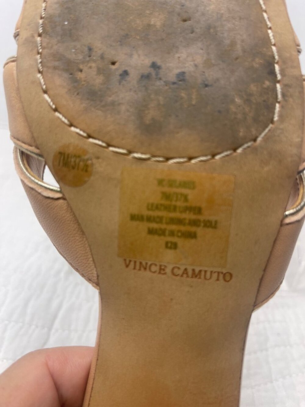 Vince Camuto Leather Block Heel Selaries Slide Sandals7M Beige/Walnut - Picture 7 of 8